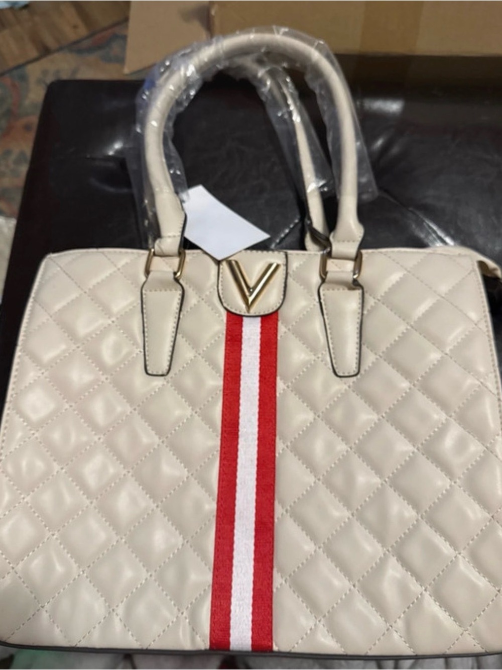 Quilted Cream Top-Handle Tote with Red Stripe